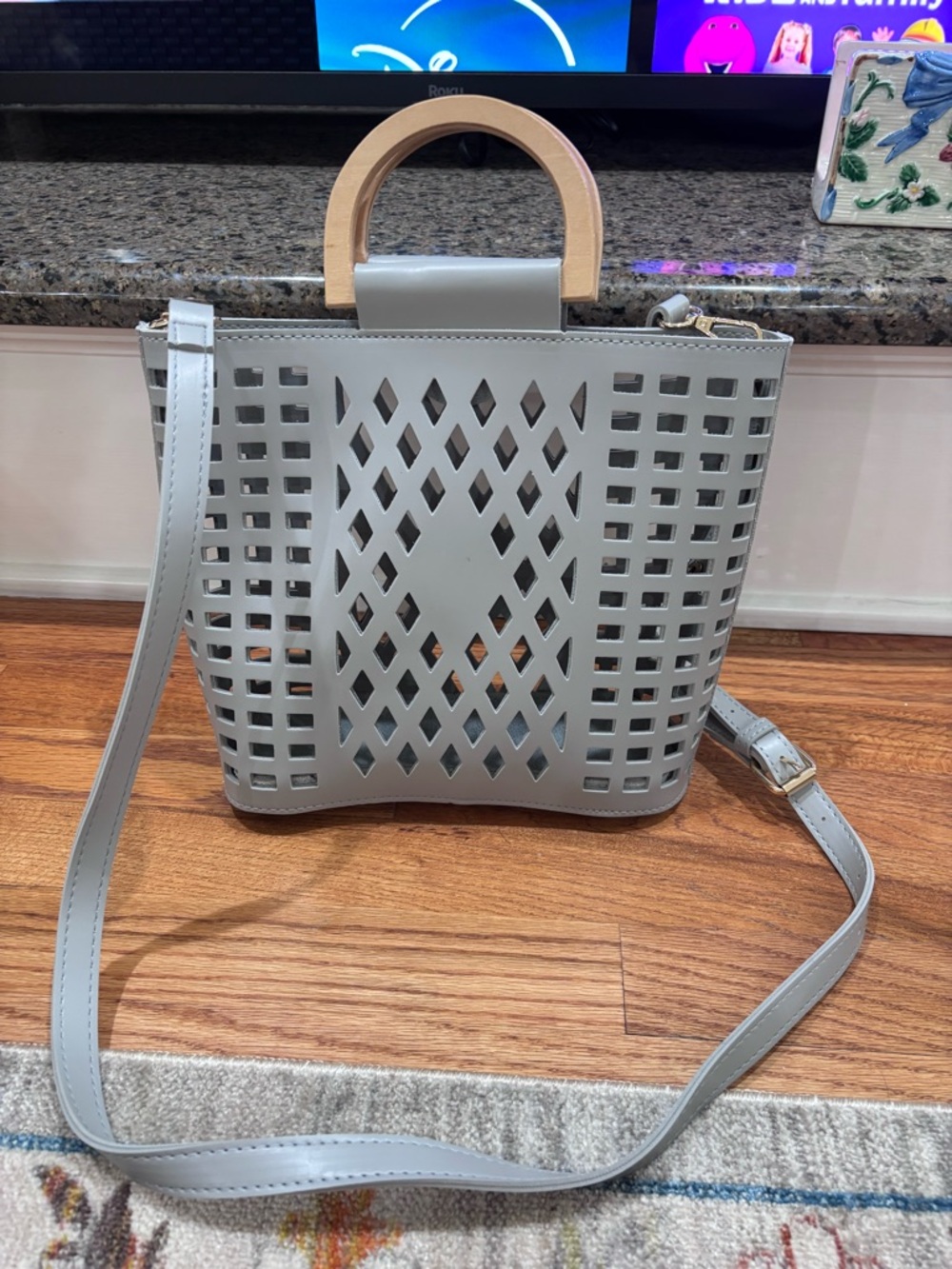 Joy Susan Light Gray Laser-Cut Crossbody with Wooden Handle